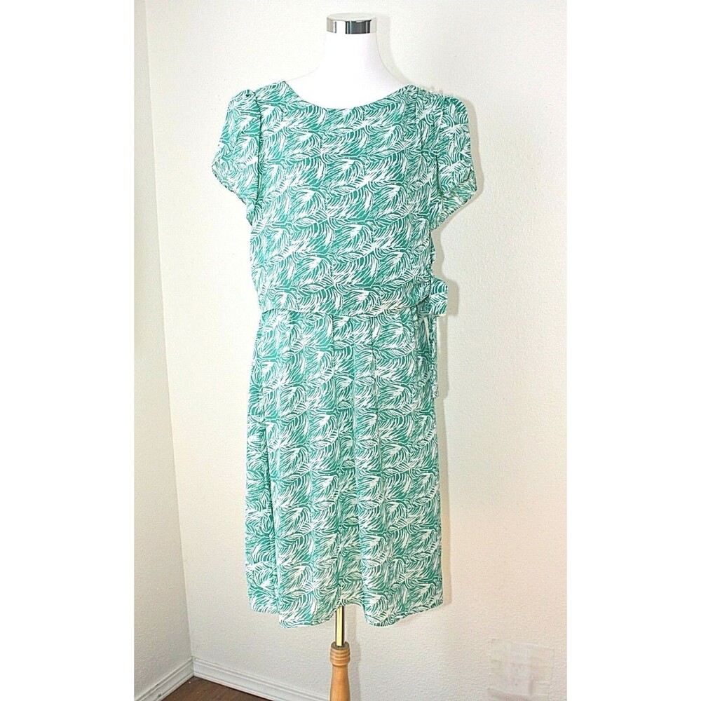 VTG MARCHIONDA OF CALIFORNIA Dress SS White Green Leaves Wrap Bodice Sz. M   #03